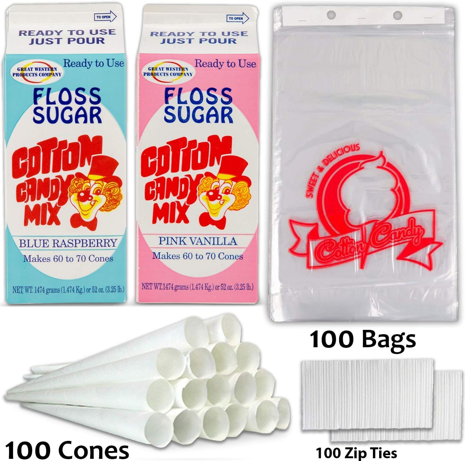 Cotton Candy Supplies Includes Cotton Candy Sugar Floss &ndash; Blue Raspberry and Pink Vanilla Flavor (3.25lb.), 100 Paper Cones, 100 Plastic Bags (11&rdquo; x 18&rdquo;) W/Zip Ties, Great For Cotton Candy Machine.