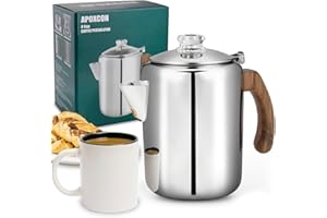 APOXCON Coffee Percolator Pot Stainless Steel Coffee Maker with Tough Glass Knob & Fireproof Solid Wood Handle & Drip-Free Spout Camping Coffee Pot Using on any Stovetop NO Aluminum NO Plastic (8 Cup)