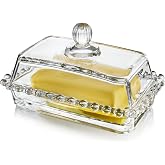 6.5'' Clear Glass Butter Dish with Handled Lid | Classic 2-Piece Design Butter Keeper For Countertop,Dishwasher Safe