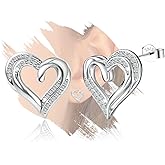 Heart Stud Earrings for Women - Sterling Silver Double Love Heart-Shaped Earrings for Lady Hypoallergenic Silver/Gold Sparkle Cubic Zirconia Post Earring Classic Jewelry Gifts for Her Wife Mother