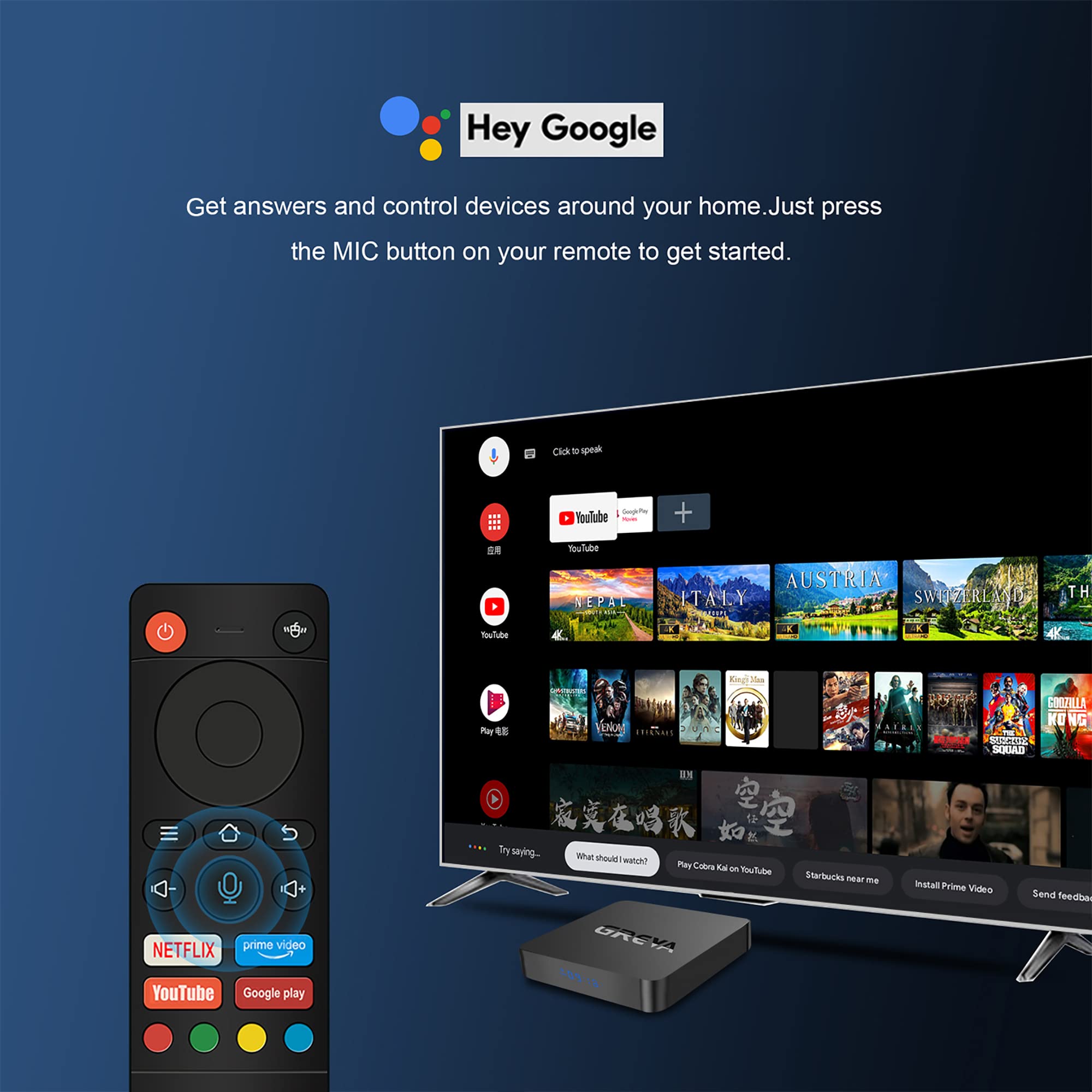 GREVA Android TV Box 11.0 2GB RAM 16GB ROM Support Dual Band WiFi 2.4G/5.8G Voice Remote Control BT 5.0 4K HDR Smart Streaming Media Player