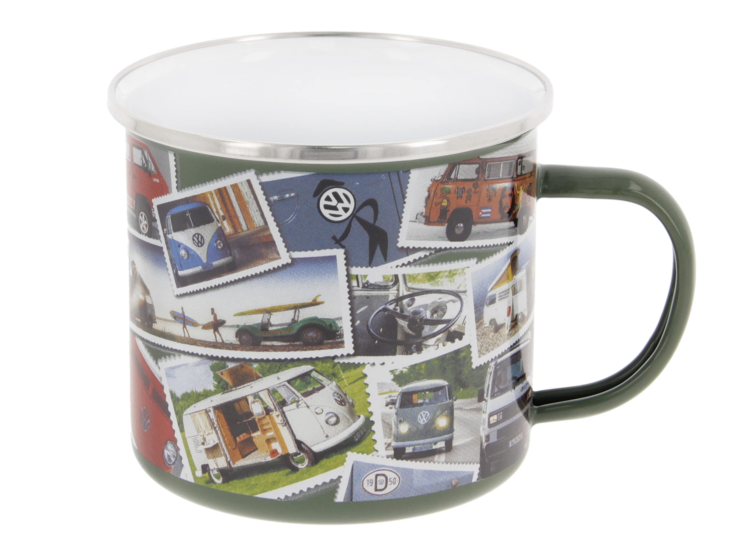 BRISA VW Collection - Volkswagen Large Enamel Coffee-Tea Mug Cup for Camping & Outdoor T1 T2 T3 Bus Campervan (500 ml/16.9 fl oz/Stamps/Multicolor)