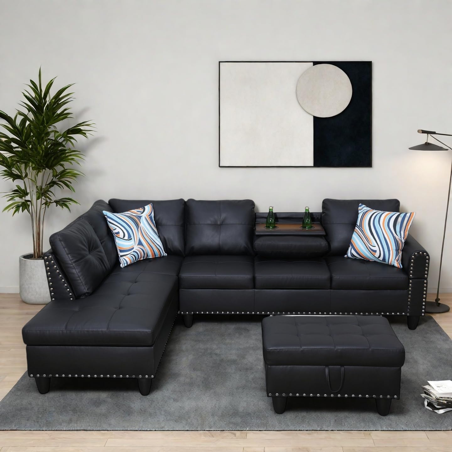 Photo 1 of GlasFlength Modern Living Room Furniture Sets with Cup Holder, Modular Sectional Couches with Chaise Lounge, 4-Seaters L Shape Sofa with Storage Ottoman, for Living Room, Faux Leather, Black