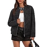 MEROKEETY Women's 2025 Faux Suede Bomber Jackets Trendy Long Sleeve Zip Up Fall Winter Coat Outerwear