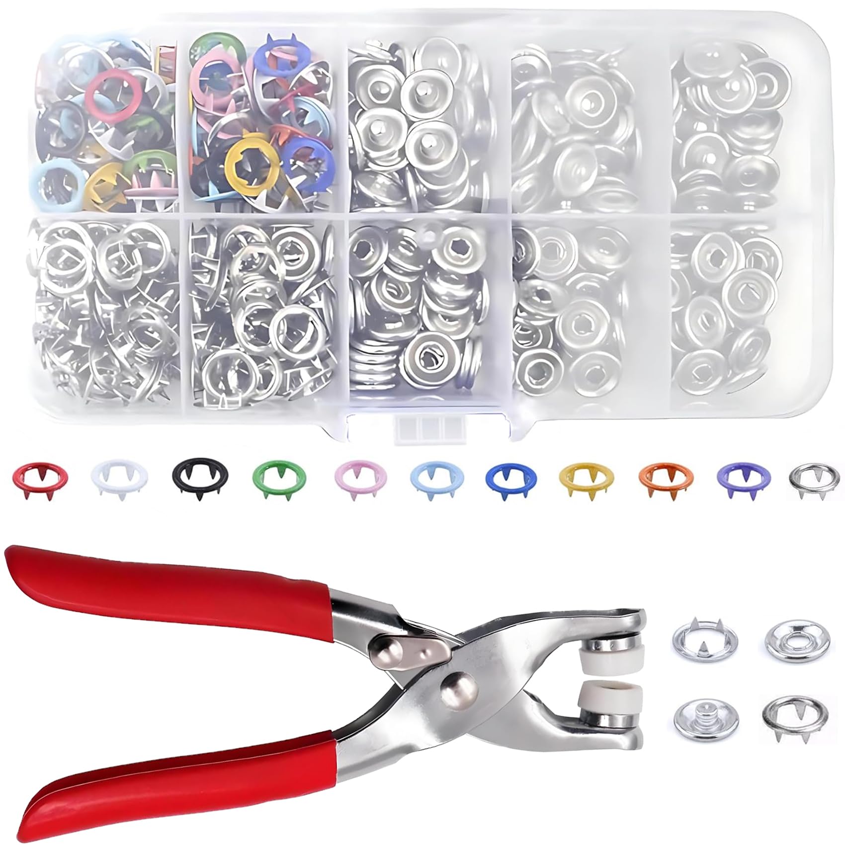 Photo 1 of 100 Sets Metal Snaps Buttons with Fastener Pliers Press Tool Kit, Prong Ring Snap Button Fasteners for DIY Crafts Clothes Hats and Sewing, Easy Installation for Fabric (9.5mm / 400 PCS)