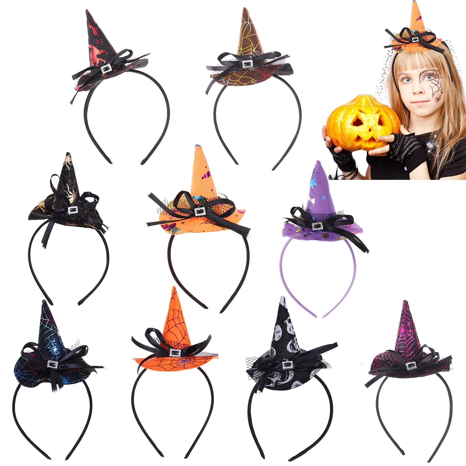 9 Pack Halloween Headbands with Cobweb, Witch Wizard Spiderweb Hat Headbands Halloween Party Costumes Cosplay Photo Booth for Women Girls