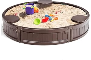 Costzon Round Kids Sandbox with Cover, HDPE Sand Pit w/Detachable Built-in Seating & Bottom Liner for Backyard, Garden, Beach