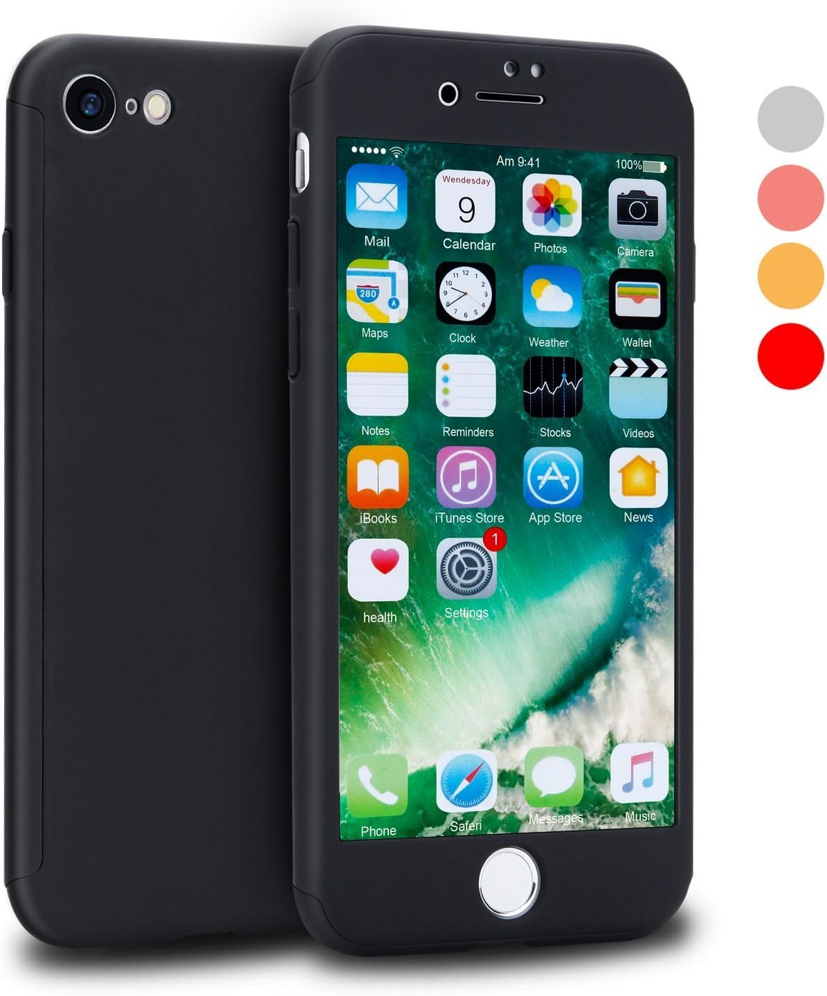 iPhone 7 Case, CANSHN 360 Full Body Protection Ultra Thin Hard Slim Case Coated Non Slip Matte Surface with Tempered Glass Screen Protector for Apple iPhone 7 (4.7-inch) - Black