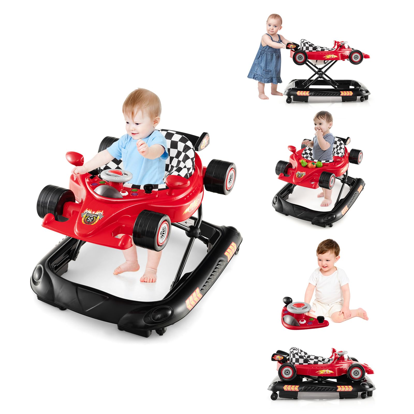 BABY JOY 4-in-1 Baby Walker, Foldable Activity Walker with Adjustable Height, Music & Lights, Anti-Rollover, Toddler Push Walker, Baby Walker with Wheels for Boys Girls 6-14 Months (Red)