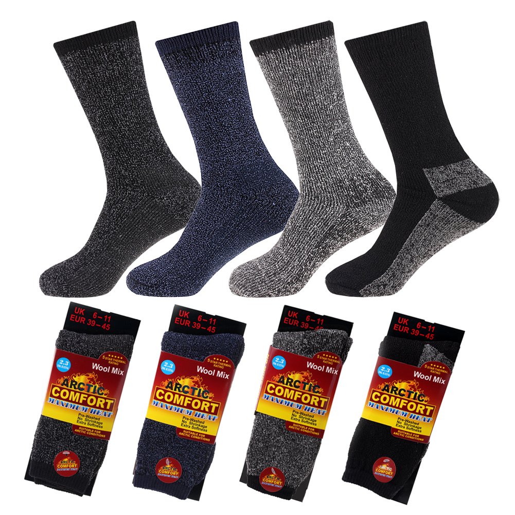 Arctic Comfort NEW 4 pairs Mens Arctic Comfort Thick Thermal Wool Socks High Tog Rating, Grey/Black, UK 6-11 EUR 39-45