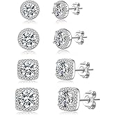 PABBEU 4Pairs Sterling Silver Stud Earrings for Women Hypoallergenic 925 Sterling Silver Earring Studs Small Stacks AAAAA Cubic Zirconia Cartilage SilverStud Earrings Set for Women Gift