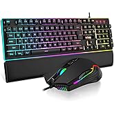 RedThunder K10 Wired Gaming Keyboard and Mouse and Wrist Rest Combo, RGB Backlit, Mechanical Feel Anti-ghosting Keyboard + 7D