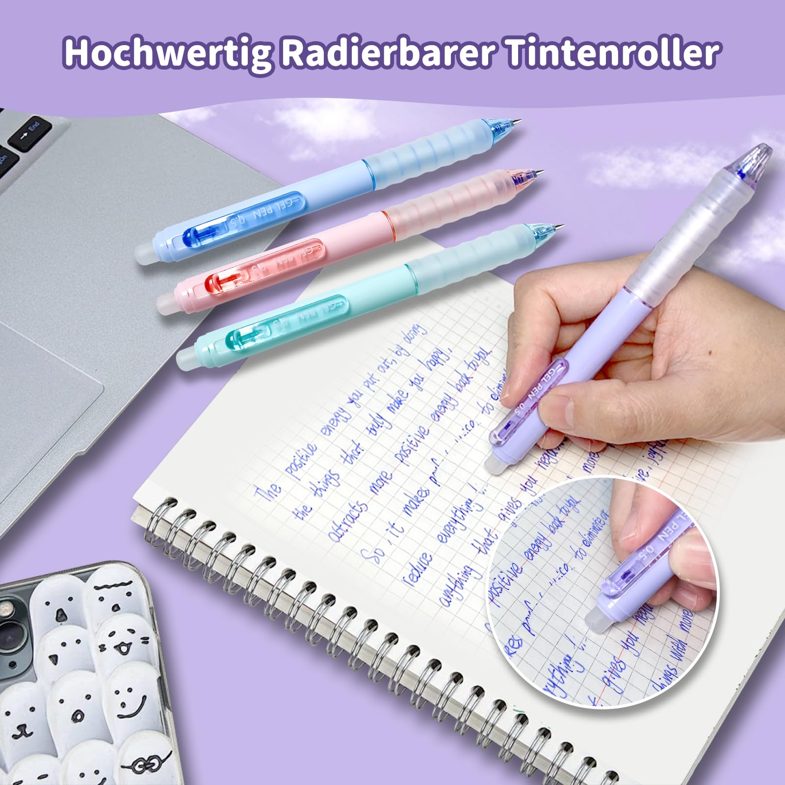 Xiaocanglan Radierbarer Kugelschreiber, 4 Stück Blau Tintenroller Radierbar Radierbare Stifte Kugelschreiber Radierbar, 0.5MM Radierbarer Tintenroller Studenten Geschenk Schule Bürobedarf Schulsachen 5