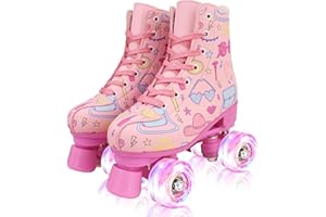 XUDREZ Roller Skates for Girls and Women, Stylish Pattern Pink Roller Skates with Light Up Wheels for Kids Youth Girls Ages 6