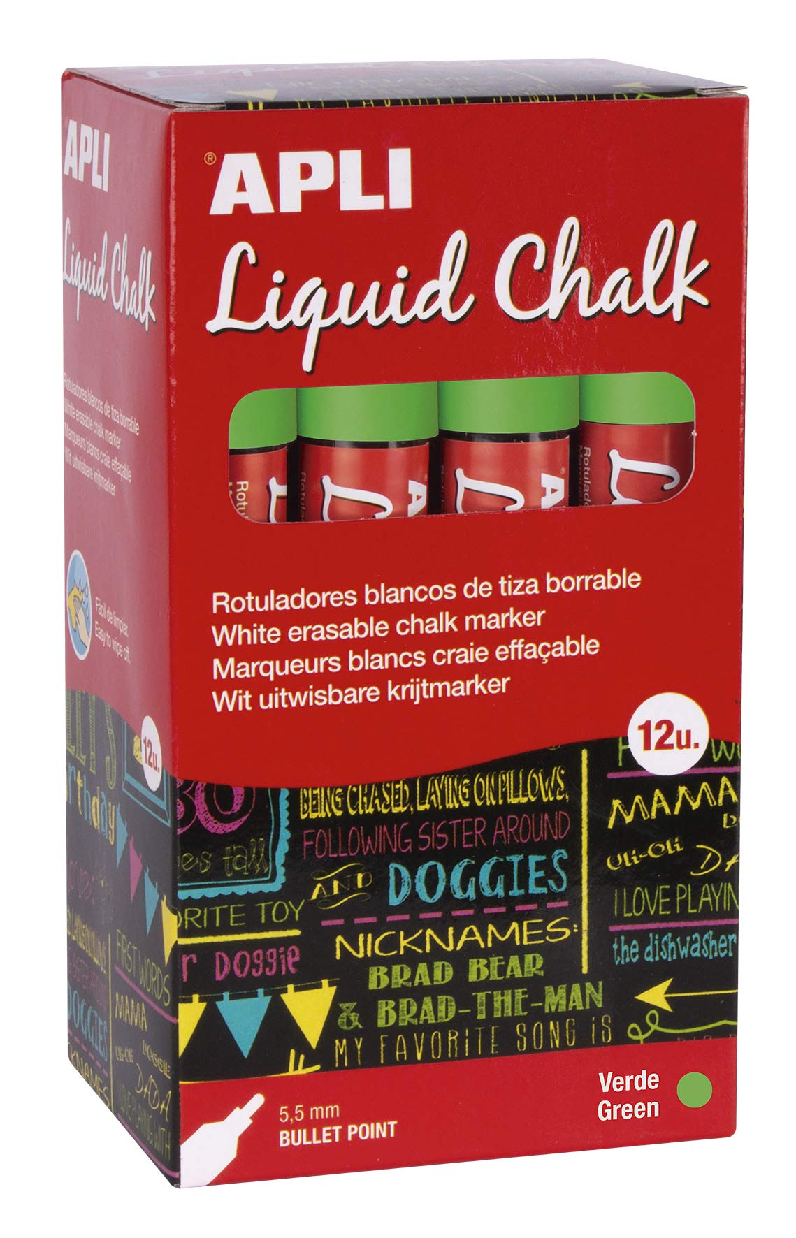 APLI 16903 – Erasable Chalk Markers, 5.5 mm, Liquid Chalk Round, Green