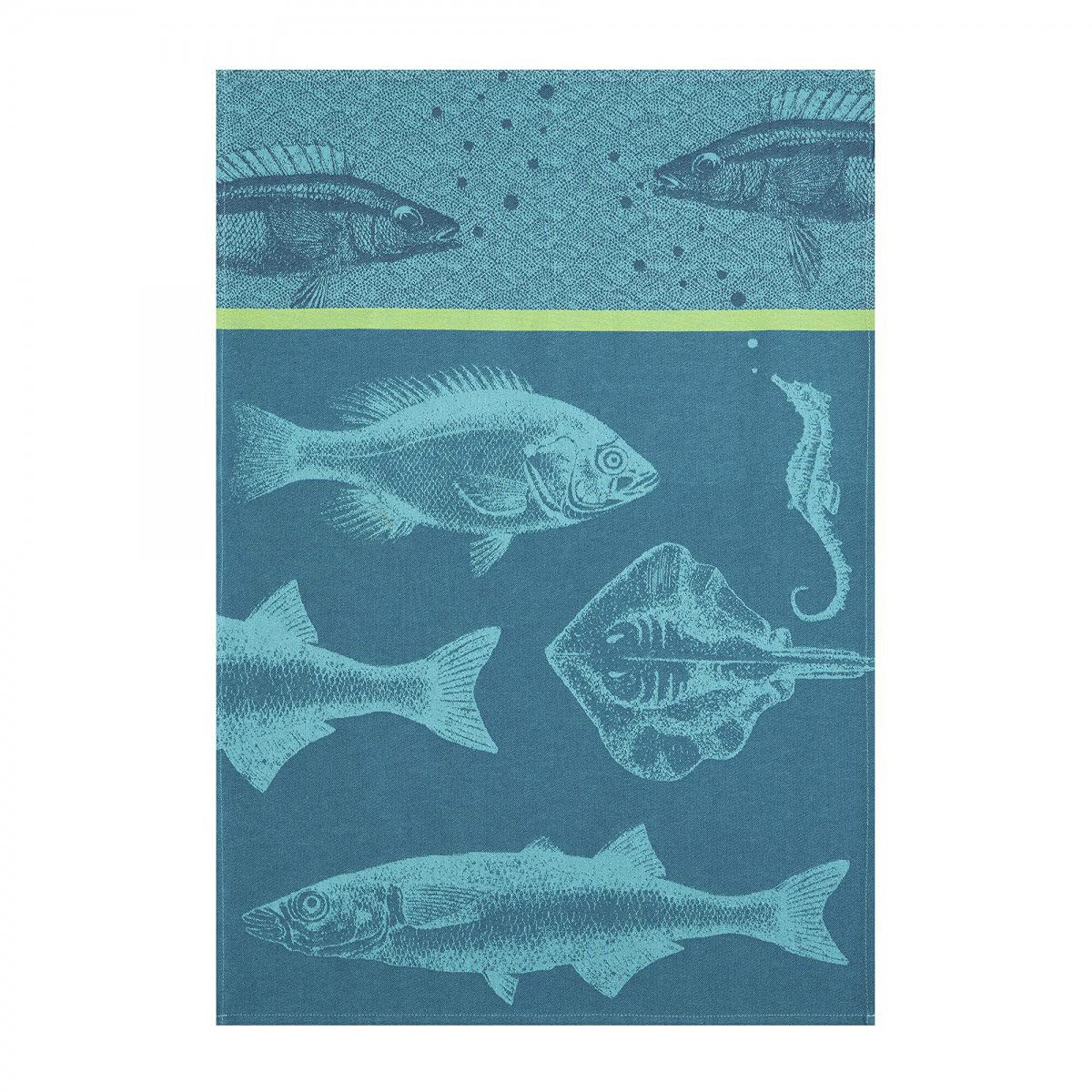 Coucke French Cotton Jacquard Blue Fish Bench Towel 20" x 30" Turquoise — image 1