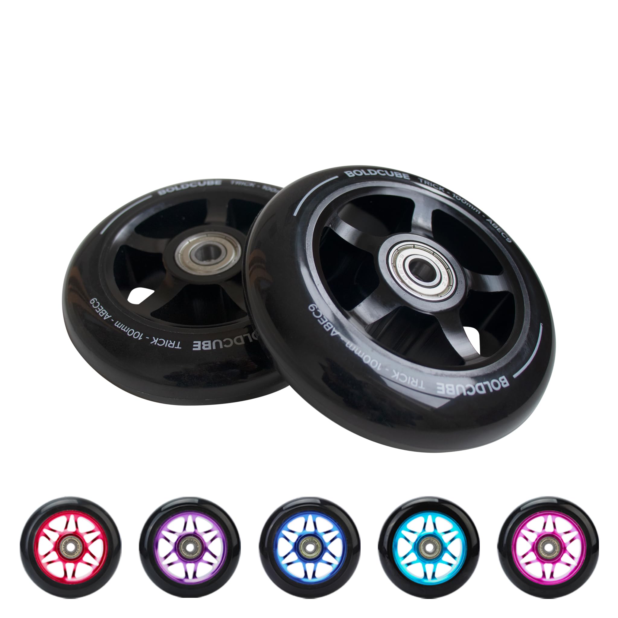 BOLDCUBE Stunt Scooter Wheels 100mm Pair - Pro Stunt Wheels Alloy Core - ABEC9 Bearings (Black)