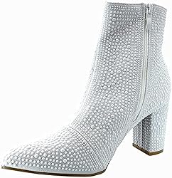 Women Rhinestone Block Chunky Heel Ankle Bootie