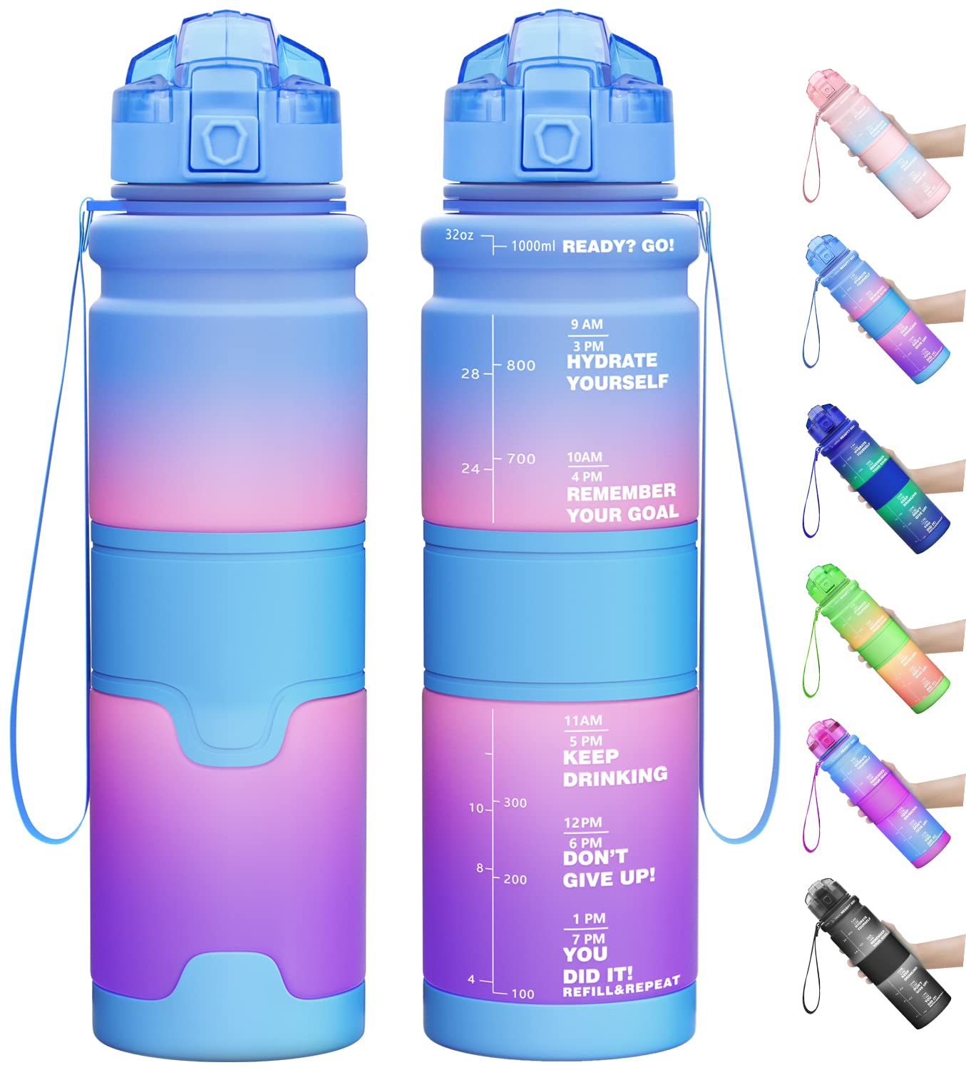 Lunidry 1 Litre Water Bottle, 500ml Kids Water Bottle for School, BPA Free Leakproof Motivational Plastic Drink Bottles with Time Markings, 1l Sports Water Bottles for Running, Gym, Mens