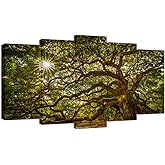 WELMECO Large Canvas Wall Art - Old Angel Oak Tree Picture Prints - 5 Piece Landscape Artwork for Living Room Decoration - Modern Framed and Stretched Nature Canvas (W-60xH-32)