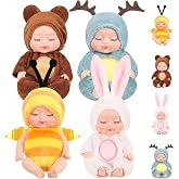 SwankyStyle 4 Pcs Mini Baby Dolls 4 Inch Gift Set, Cute Small Baby Doll Toys with Animal Clothes for Christmas Stockings, or Dollhouse Collections. (Style F)