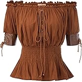 Belle Poque Women Renaissance Off Shoulder Blouse Smocked Waist Pirate Shirt Peplum Tops