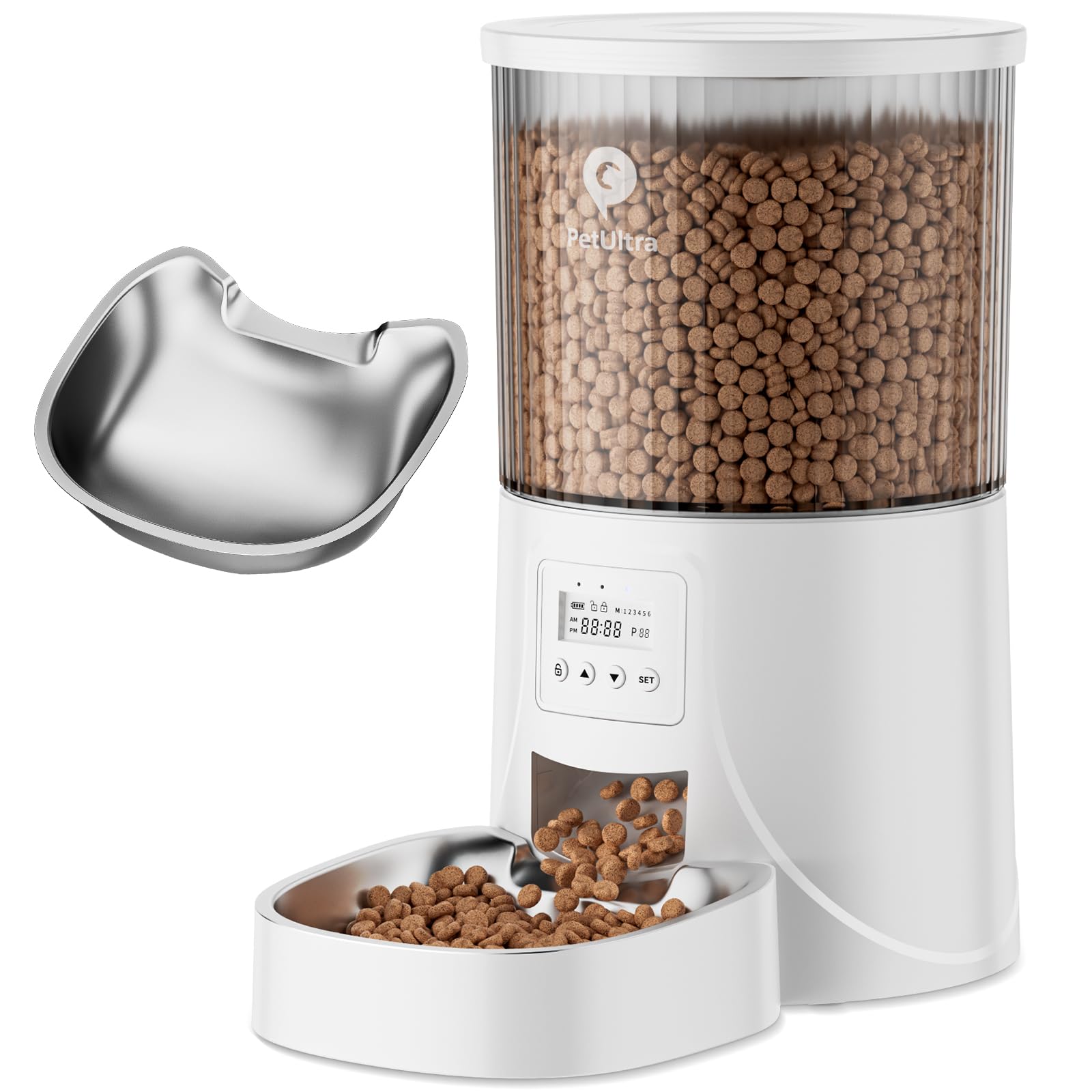 Photo 1 of PETULTRA Automatic Cat Feeder: 4L Timed Cats Food Dispenser Programmable 1-6 Meal for Cat and Small Medium Dog- Auto Pet Feeder Dual Power Supply with Stainless Steel& | Detachable Washable White