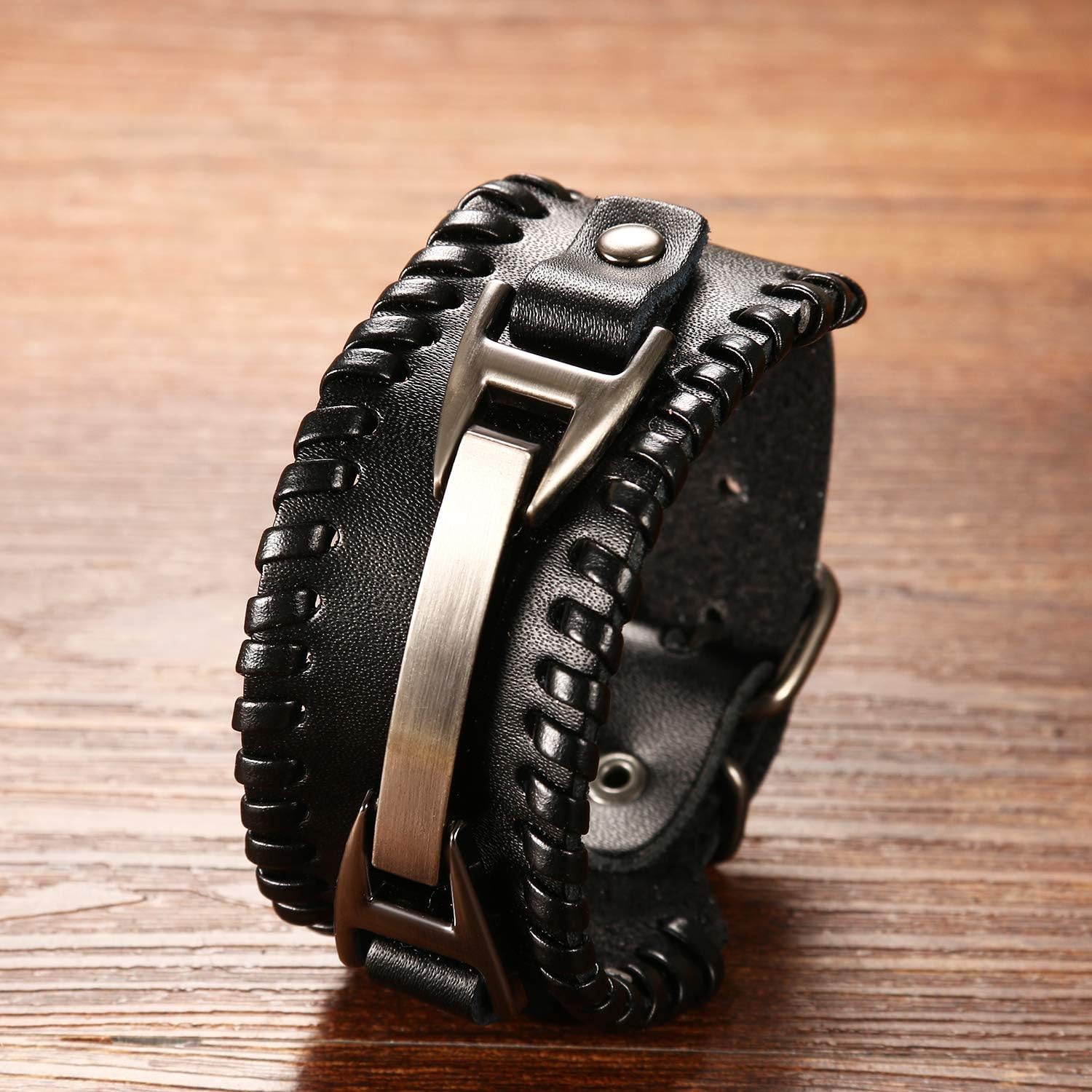 Cupimatch Men Black Adjustable Wide Leather Bracelet, Alloy Punk Braided Belt Cuff Bangle Wristband 7.8 inch for Fathers Day - Image 5