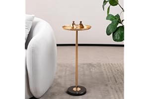SSC SATISUNCASA 22”Gold Drink Table - Marble Pedestal Table, Metal Round Side Table for Living Room, Office, Bedroom, 2 Height Adjustable + Non-Slip Bottom Mat Small Side Tables for Small Spaces