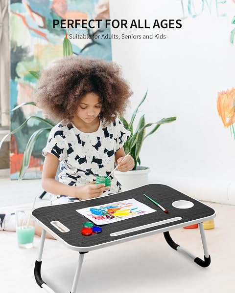 FISYOD FOLDABLE LAPTOP TABLE, PORTABLE LAP DESK BED TABLE TRAY, LAPTOP STAND WITH CUP HOLDER & TABLET SLOT & LIFTING HANDLE FOR WORKING WRITING DRAWING & EATING (BLACK)