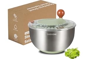 Lunememo Stainless Steel Salad Spinner, Lettuce Spinner with Drain, Non-Slip Base, Stop Button, Vegetable Dryer, BPA Free, 5L