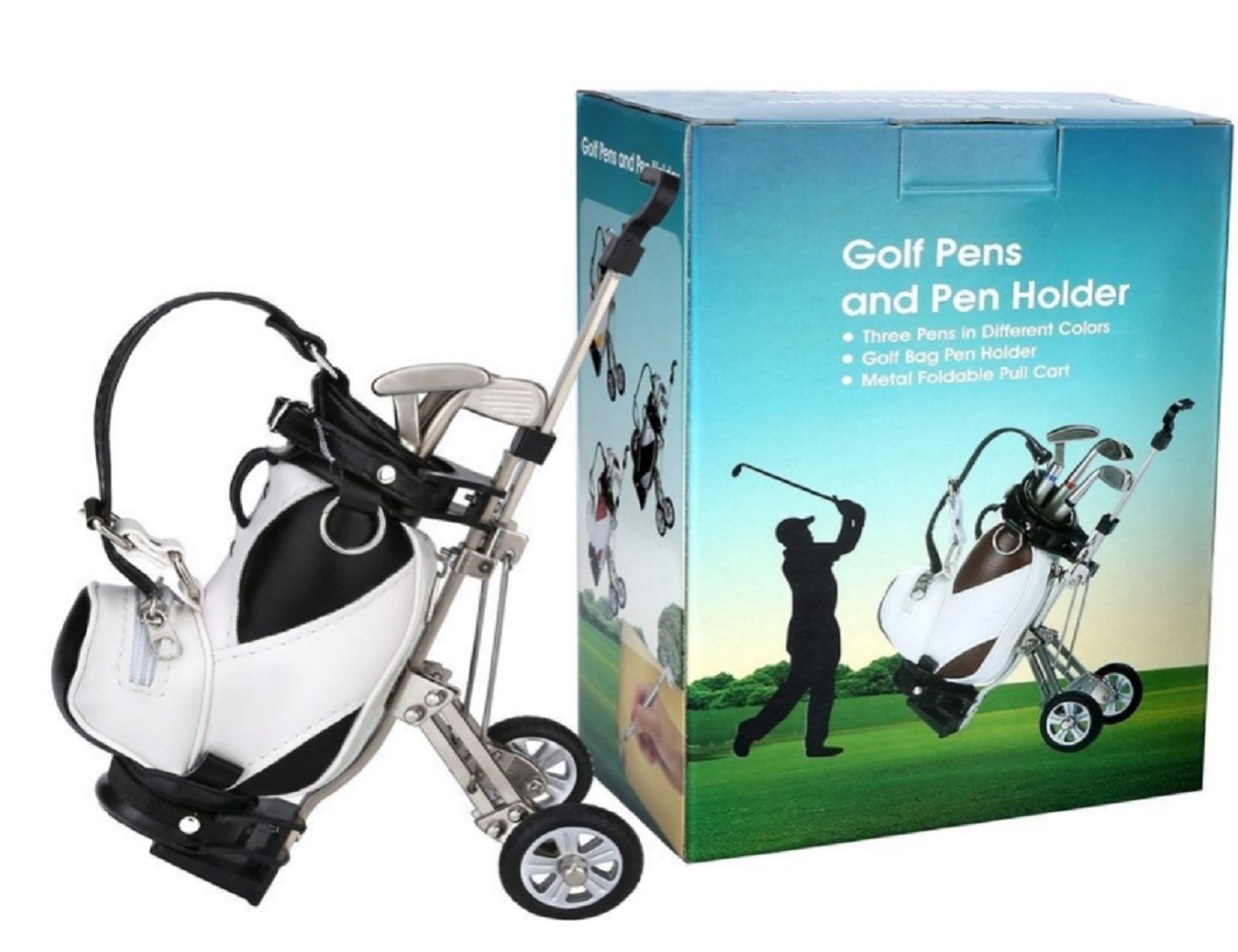 LL-Golf® Miniature Golf Bag Pen Holder With Trolley and 3 Golf Club Pens/Golf gift Present