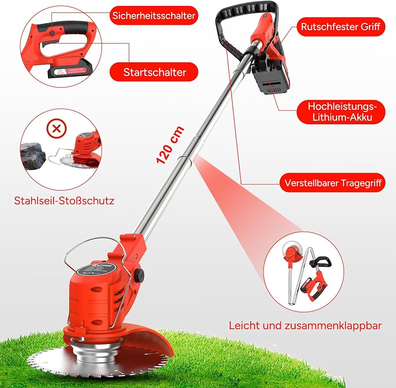 Akku Rasentrimmer mit Akku, Rasenkantenschneider mit 2 Akkus 21V und 4 Messertypen+1 Gartenschere, Verstellbarer Teleskop-Führungsholm Desbrozadoraeléctrico inalámbrico (Rot-FBA)
