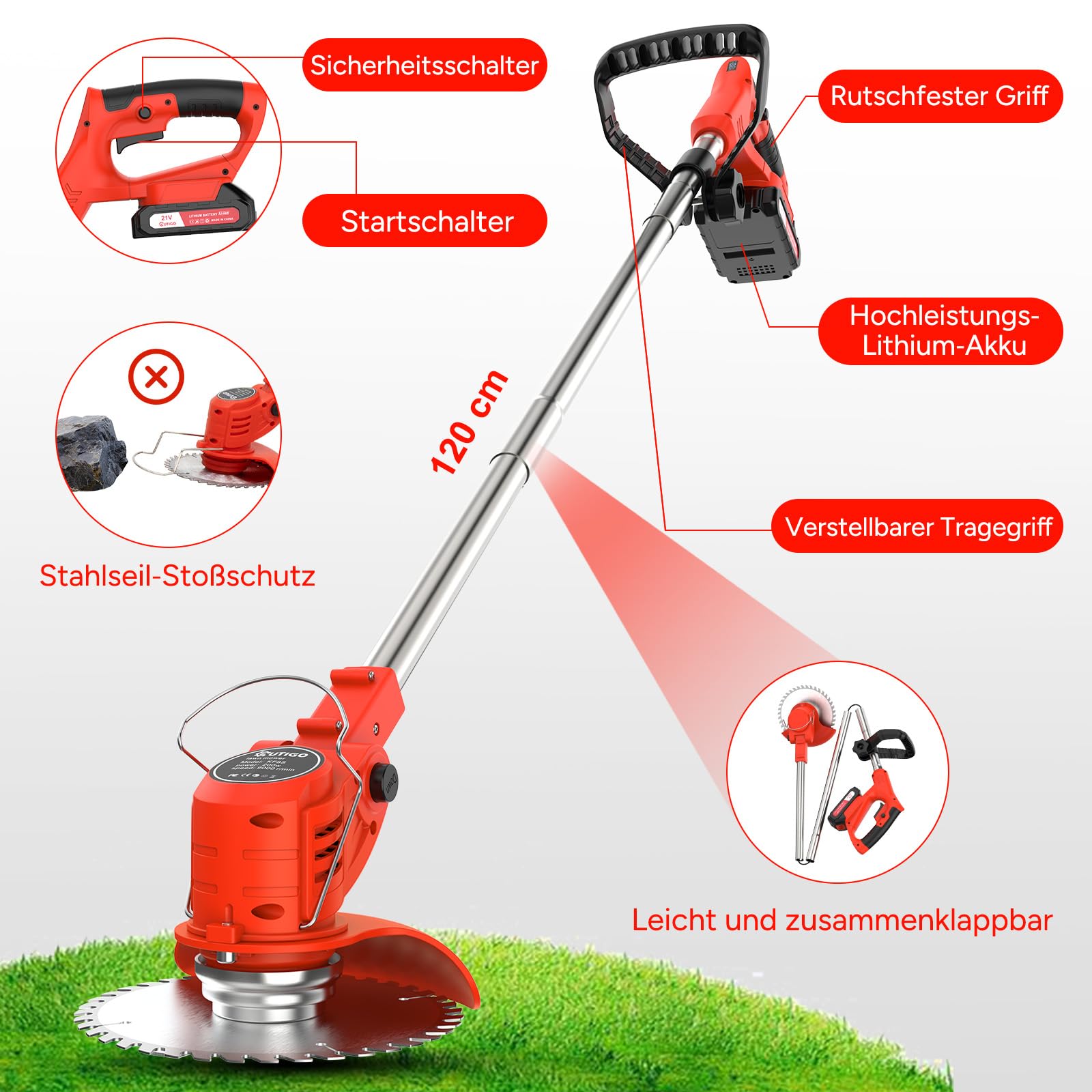 OUTIGO Akku Rasentrimmer mit Akku, Rasenkantenschneider mit 2 Akkus 21V und 4 Messertypen+1 Gartenschere, Verstellbarer Teleskop-Führungsholm Desbrozadoraeléctrico inalámbrico (Rot-FBA) 2
