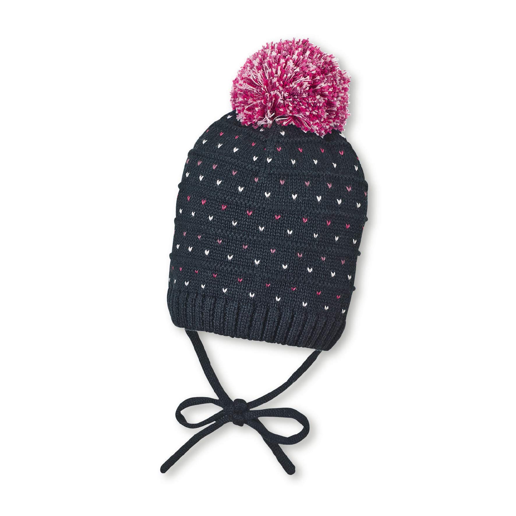 Sterntaler Girls' Knitted Cap with Bobble and Heart Pattern, Age: 3-4 Months, Size: 39 cm, Navy Blue