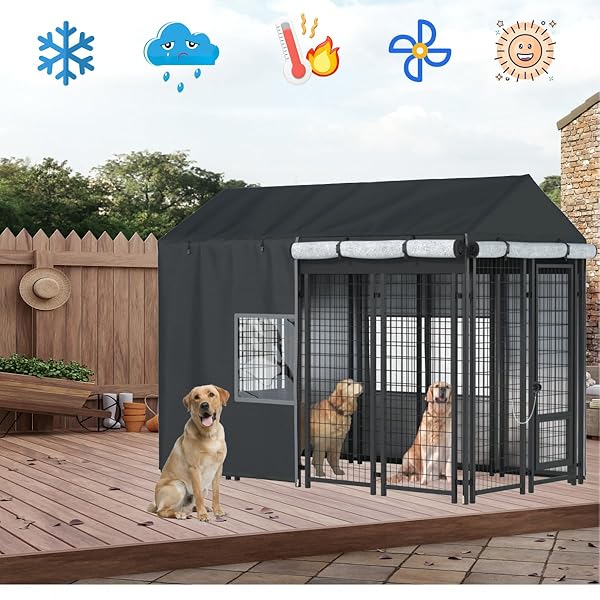 LYBOSH DOG KENNEL COVER 8.1X4.1X6FT – HEAVY DUTY WATERPROOF WINTER INSULATED COVER WITH TRANSPARENT WINDOWS & FLEECE LINING FOR OUTDOOR PET CAGES, BLACK
