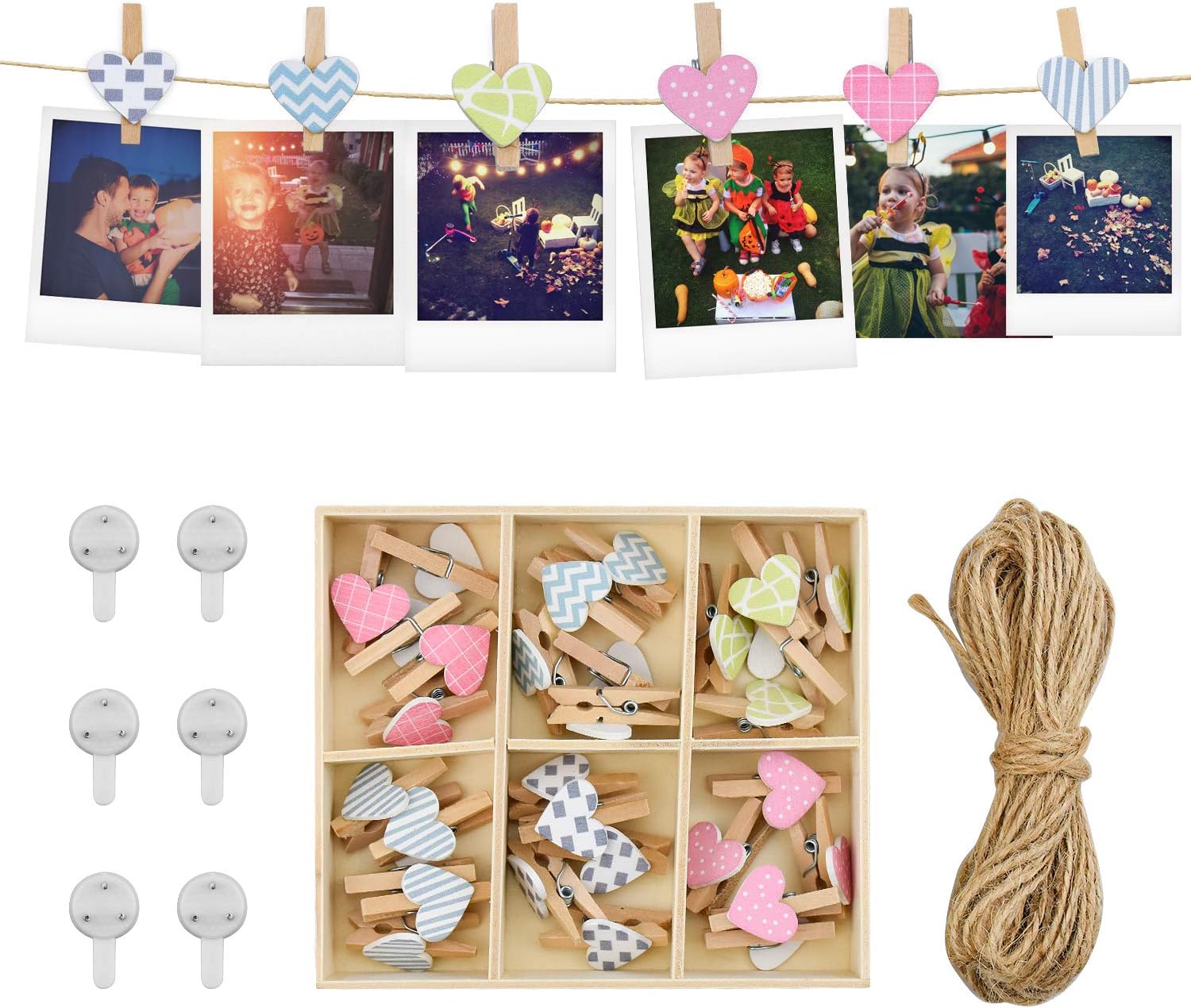 Photo Hanging Display String and Pegs Set with 30 Mini Wooden Clips