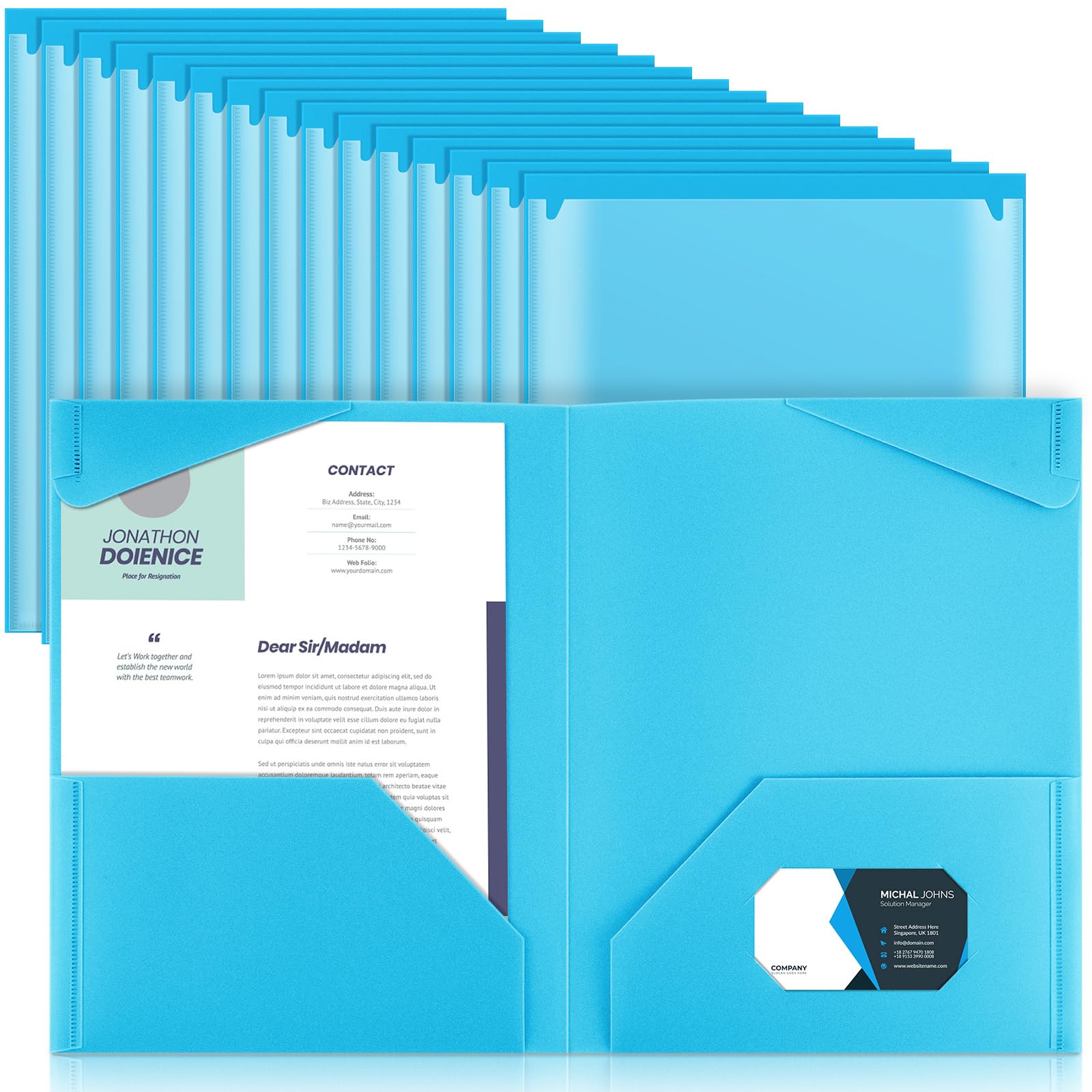 Photo 1 of Henoyso 36 Pcs Plastic Folders with Clear Front Pockets Heavy Duty File Folders with 2 Pockets and Card Slot for Student Communication School Office Presentation Report (Light Blue)