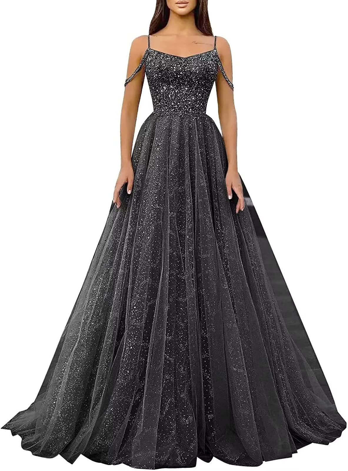 Photo 1 of HANVAIOS Off The Shoulder Sparkly Prom Dresses Black Sequin Dress for Women Pageant Gown Size 6