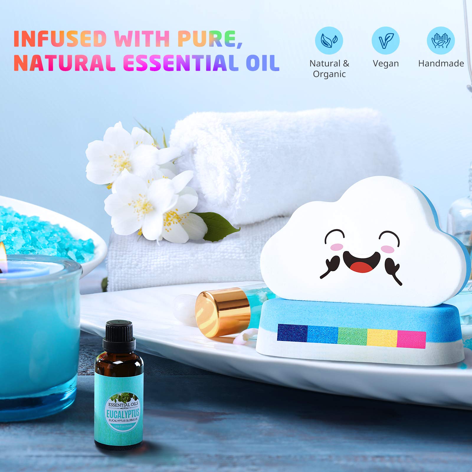 Rainbow Bath Bombs for Kids Girls, 4 XL Organic Kids Bath Bombs with Surprise Colors Inside, Cloud Bath Bombs for Women Relaxing, Stocking Stuffers for Kids Birthday Christmas Gifts for Girls