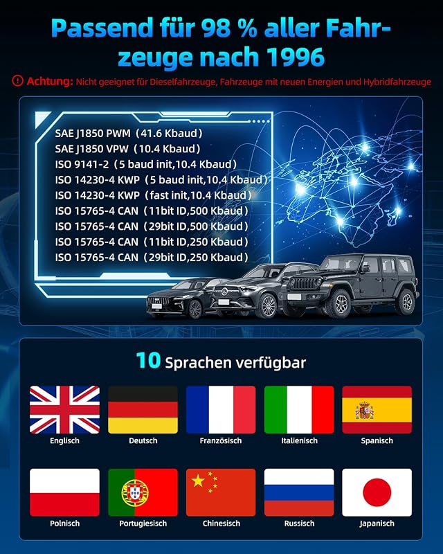 OBD2 Diagnosegerät, Diagnosegerät Auto, Auslesegerät Auto für Alle Fahrzeuge seit 1996 & Newer (Schwarz)