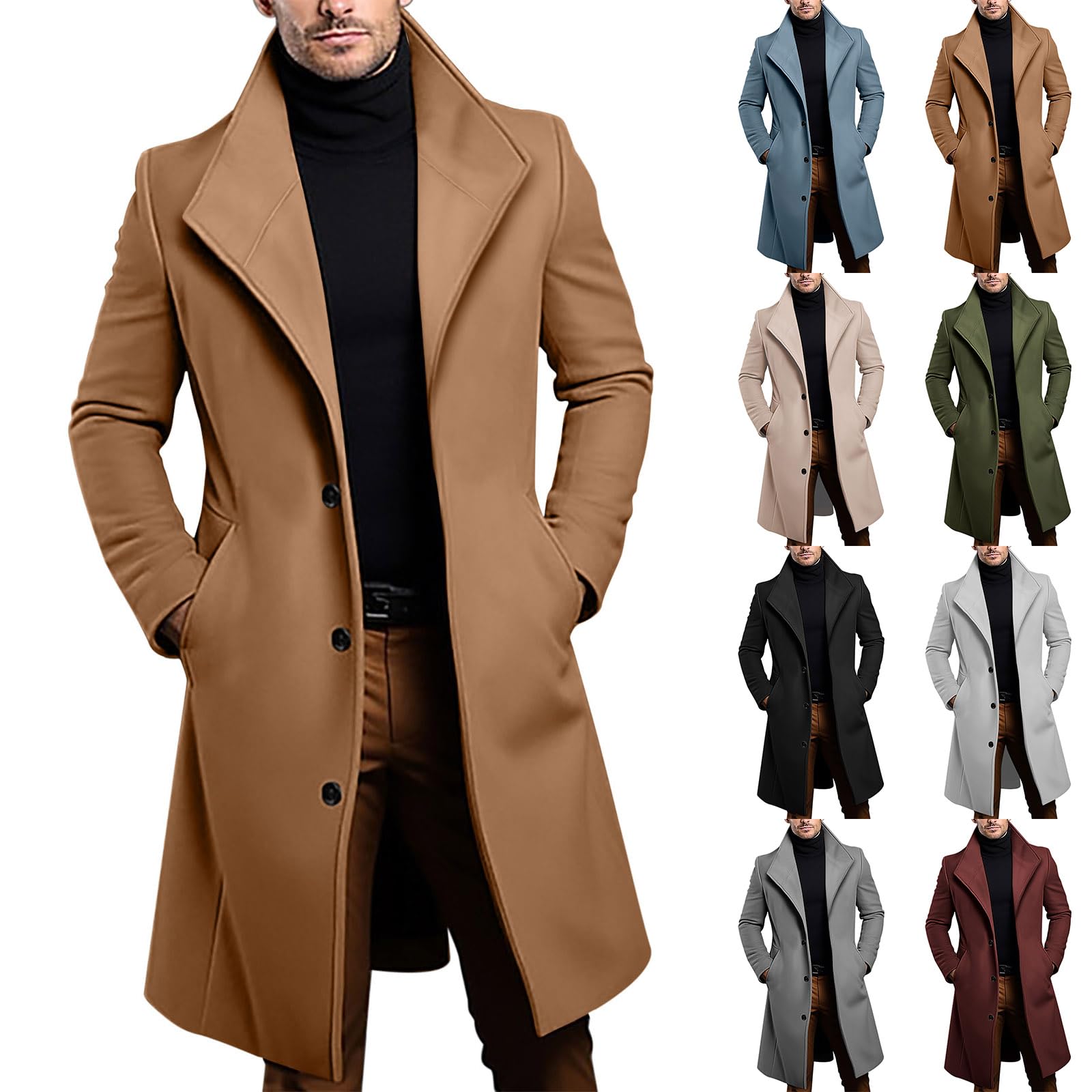 Mens Trench Coat Mid Length Wool Blend Overcoat Notched Collar Single Breasted Pea Coat Fall Winter Long Jacket Business Casual Vintage Warm Soft Winter Jacket