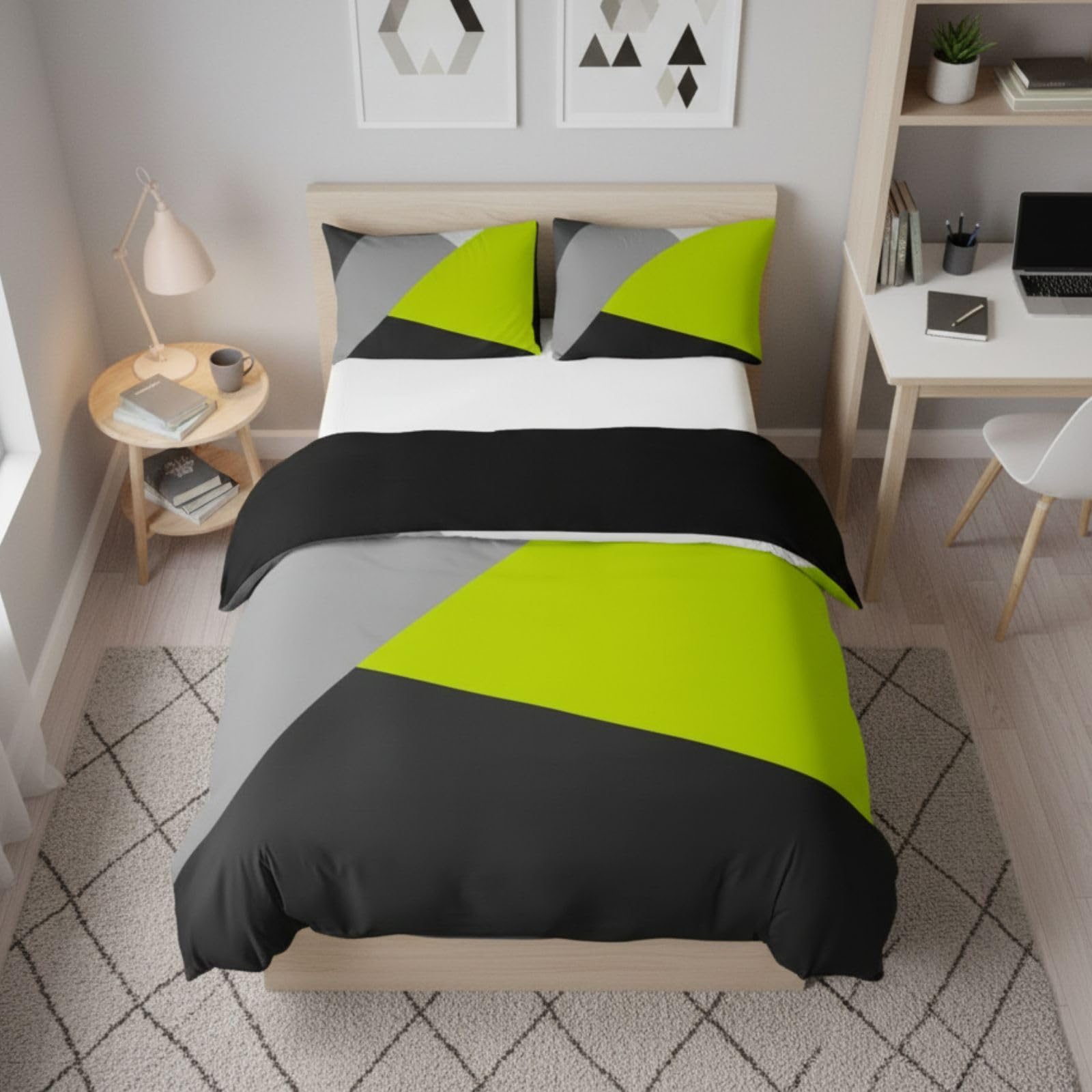 Homewish Lime Green Black Grey Bedding Set Geometric Triangle Duvet Cover Super King Patchwork Comforter Cover For Kids Teen Adults Modern Abstract Bedspread Cover With 2 Pillow Cases — image 1