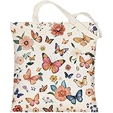 Louise Maelys Aesthetic Butterfly Flowers Canvas Tote Bag For Women,with Zipper Inner Pocket,Cotton 15" X 16" for Lady Girls,Kitchen Reusable Grocery Bags