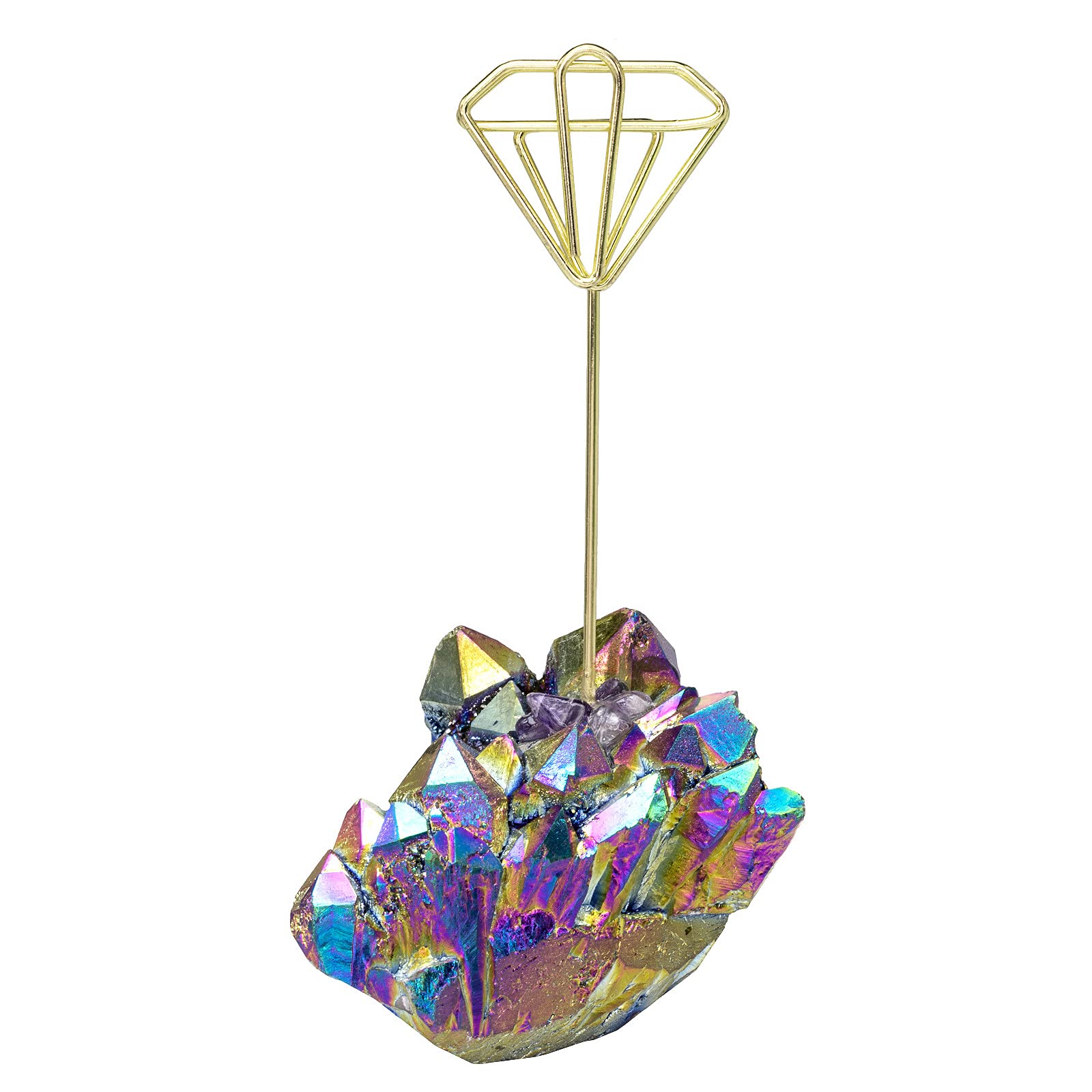 mookaitedecor Rainbow Aura Quartz Crystal Cluster Photo Memo Note Holder Clip Diamond Shape, Rainbow Crystal Gift Natural Stone Place Card Holder Stand Party Wedding Name Card Holder Office Home Decor