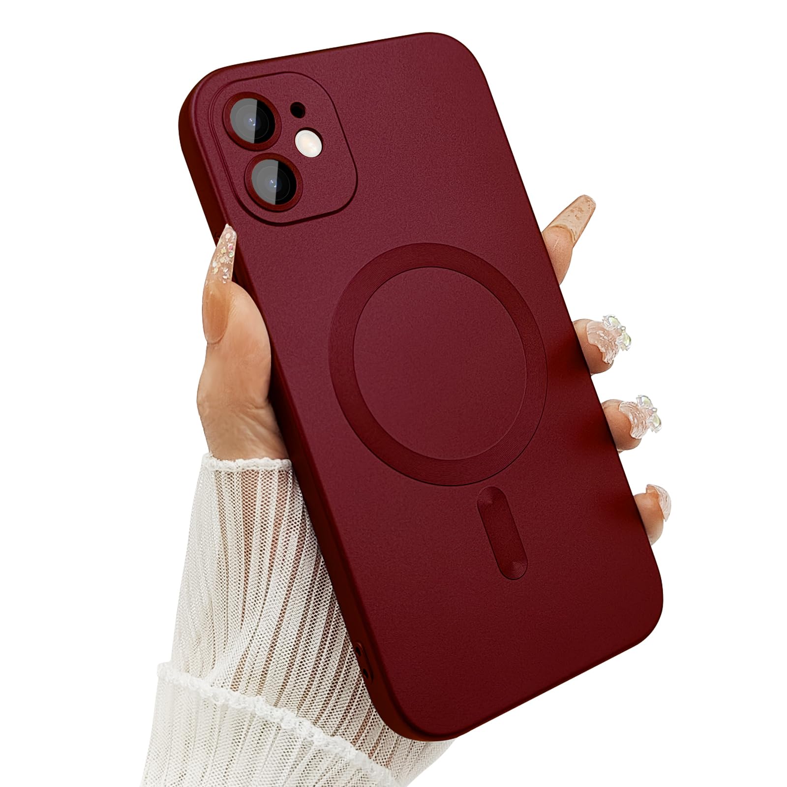ankofave Magnetic Case for iPhone 12 Phone Case for Women/Men, Shockproof Matte Luxury Metallic Luster Design with Full Camera Lens Protector, Compatible with Magsafe Case for iPhone 12 6.1"-Wine Red