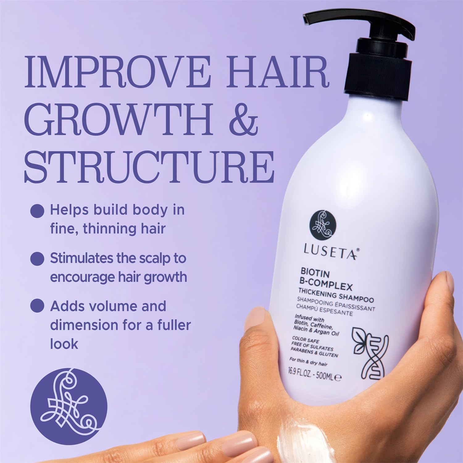 Luseta Biotin B-Complex Thickening Shampoo for Hair Growth and Strengthener - Hair Loss Treatment for Thinning Hair With Biotin Caffein and Argan Oil for Men & Women - All Hair Types 16.9oz