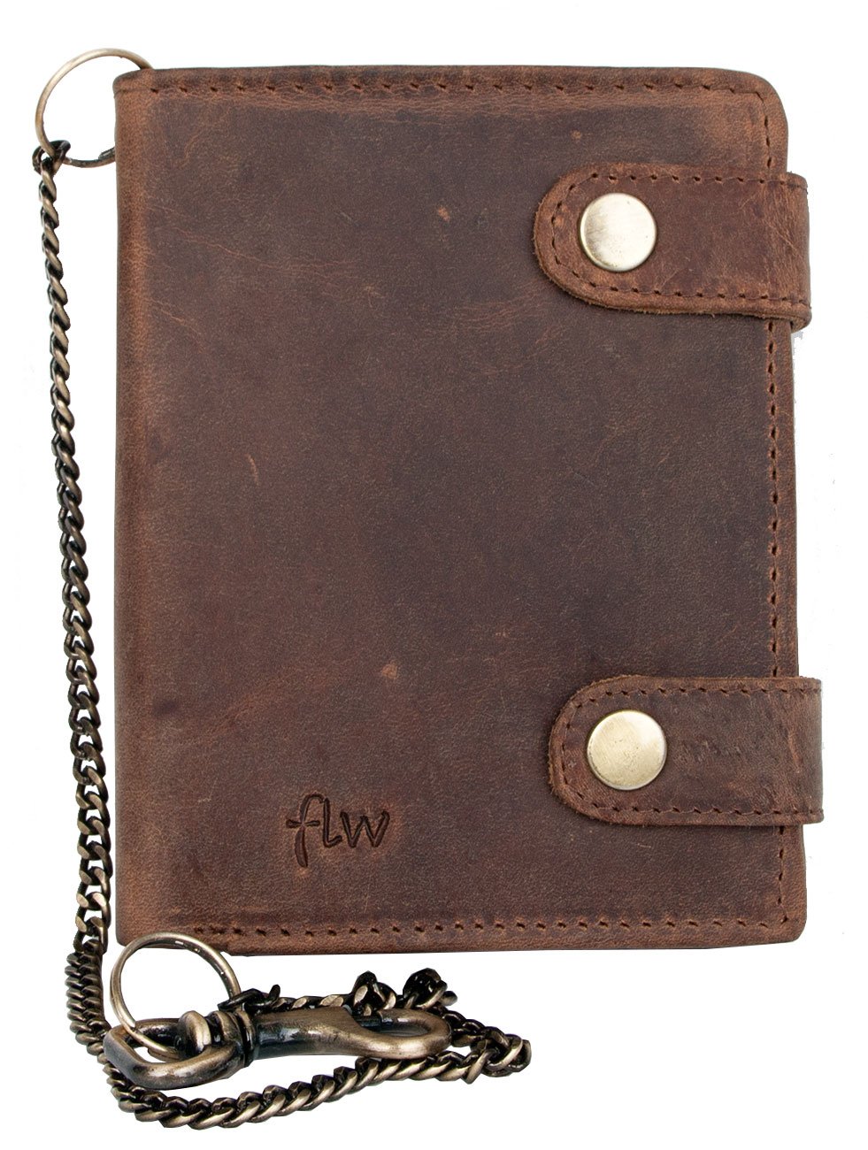 FLW Men's Genuine Leather Biker's Wallet with Two Buckles and Metal Chain