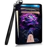 WZCJDHMJ Credit Card Holder Slim Wallet with Wristlet Lanyard,Leather Front Pocket Purse RFID Blocking Wallet Card Case with ID Window for Women & Men-Glowing Purple Roses