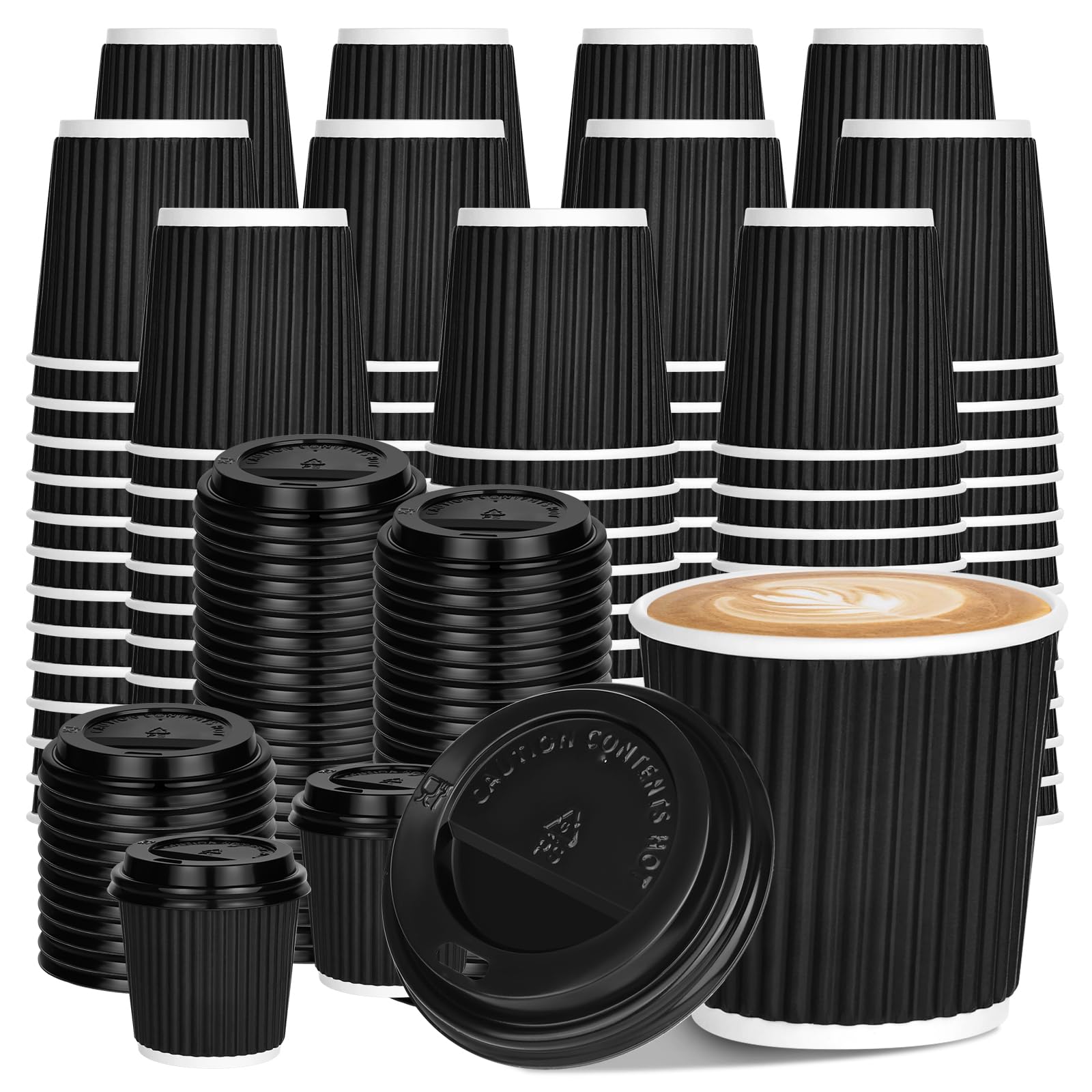Photo 1 of 100 4oz Disposable Espresso Cups with Lids Ripple Corrugated Paper Disposable Coffee Cups Cups for Hot Chocolate, Tea, and Cocoa Drinks (Black)
